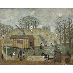 Gillian Beckles (Naive British School 1918-2016): 'Gypsy Camp', oil on canvas signed and dated 55cm x 70cm