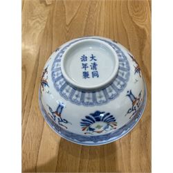 19th century Chinese  Doucai porcelain bowl decorated in blue, orange etc, the interior with a double scroll panel, six character Tongshi reign mark D15cm