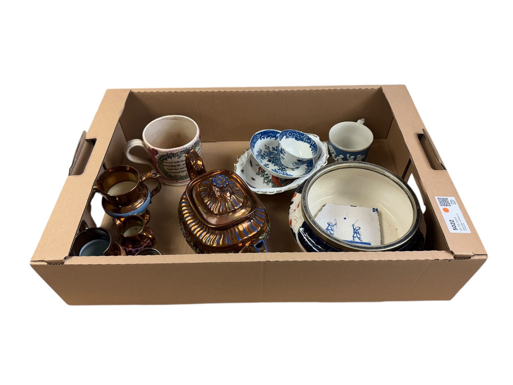 19th century and later ceramics, including Sunderland lustre mug, with agricultural scene and quote, together with lustre teapot and jugs, bowl with silver rim, Sampson dish, English blue and white tea bowls and saucers, blue and white tile, etc