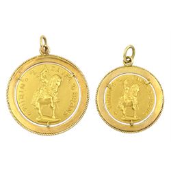 Two 18ct gold medallions depicting the 'Turin L Caval'd Brons' monument, stamped 750, both loose mounted in gold pendants tested 18ct 