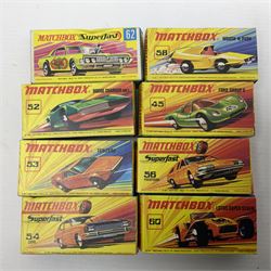 Matchbox 1-75 Series 'Superfast' ex-shop stock - eight models comprising 45c Ford Group 6, 52c Dodge Charge Mk.III, 53d Tanzara, 54c Ford Capri, 56c Pinifarina, 58d Woosh 'n' Push, 60c Lotus Super Seven and 62d Dragster; all boxed (8)
