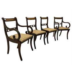 Set of eight Regency style mahogany dining chairs, brass inlay with gilded detail