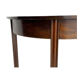 George III mahogany D-end console table, figured top over plain frieze with stringing, raised on square moulded supports