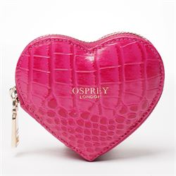 Osprey London - small heart-shaped coin zip purse, in pink mock-crocodile embossed leather...