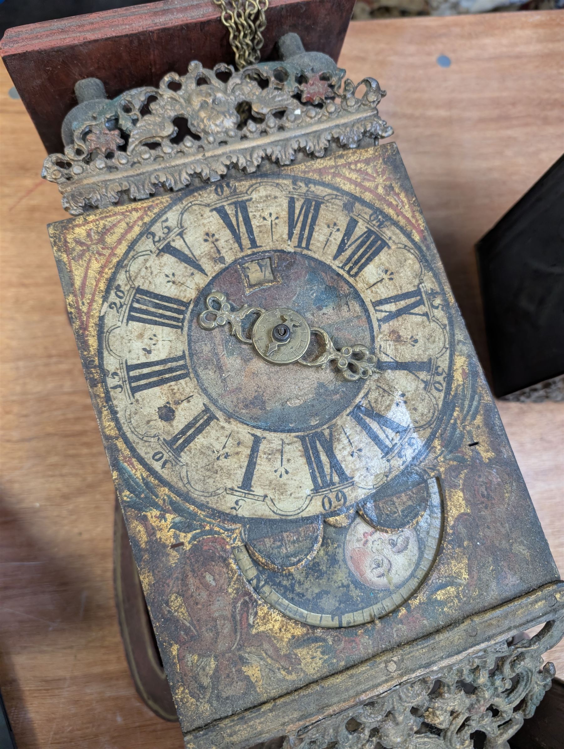 Reproduction Dutch lantern clock, eight day clock movement and a walnut cased regulator clock for restoration