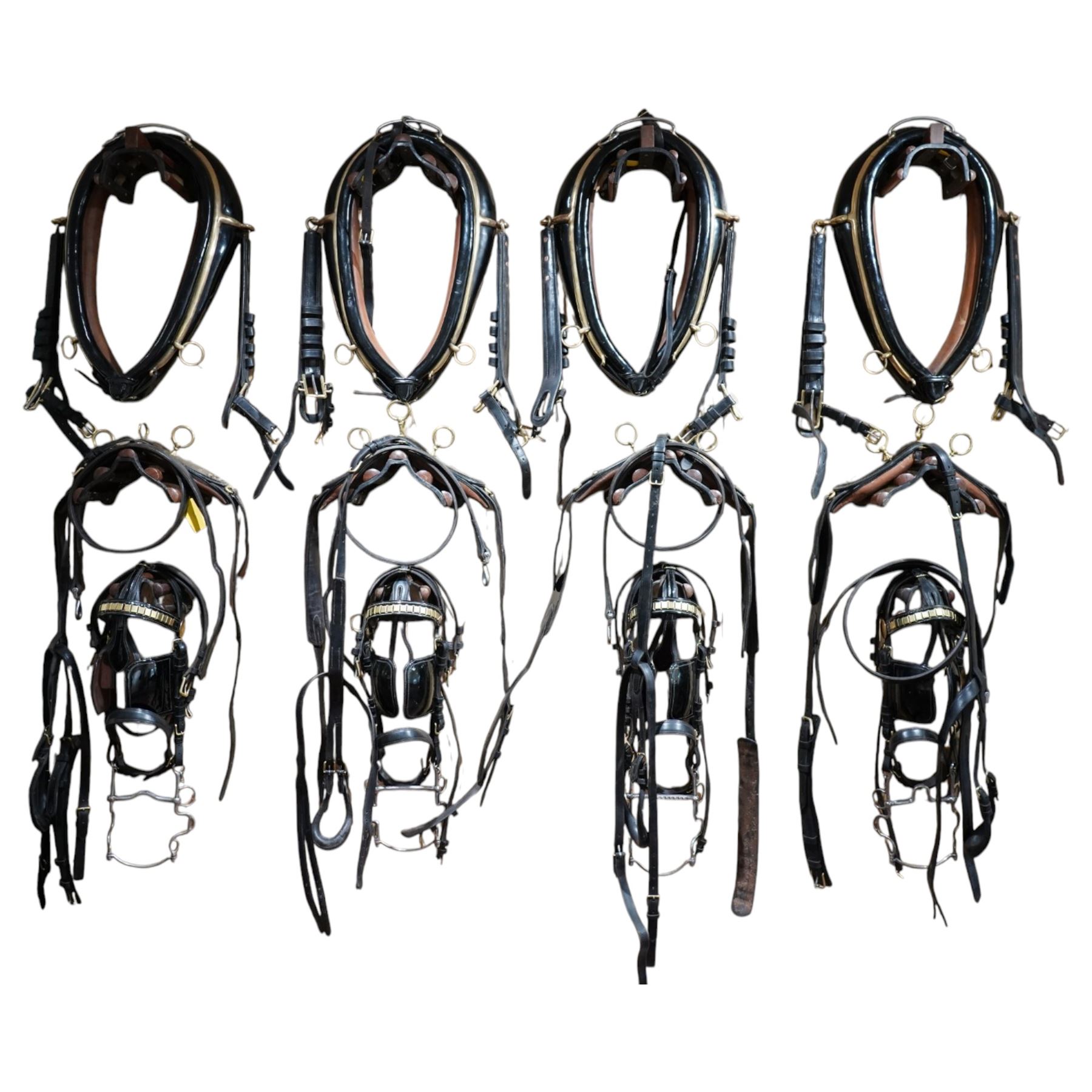 John McDonald - team set of black leather and brass harness, including four black patent leather collars (24
