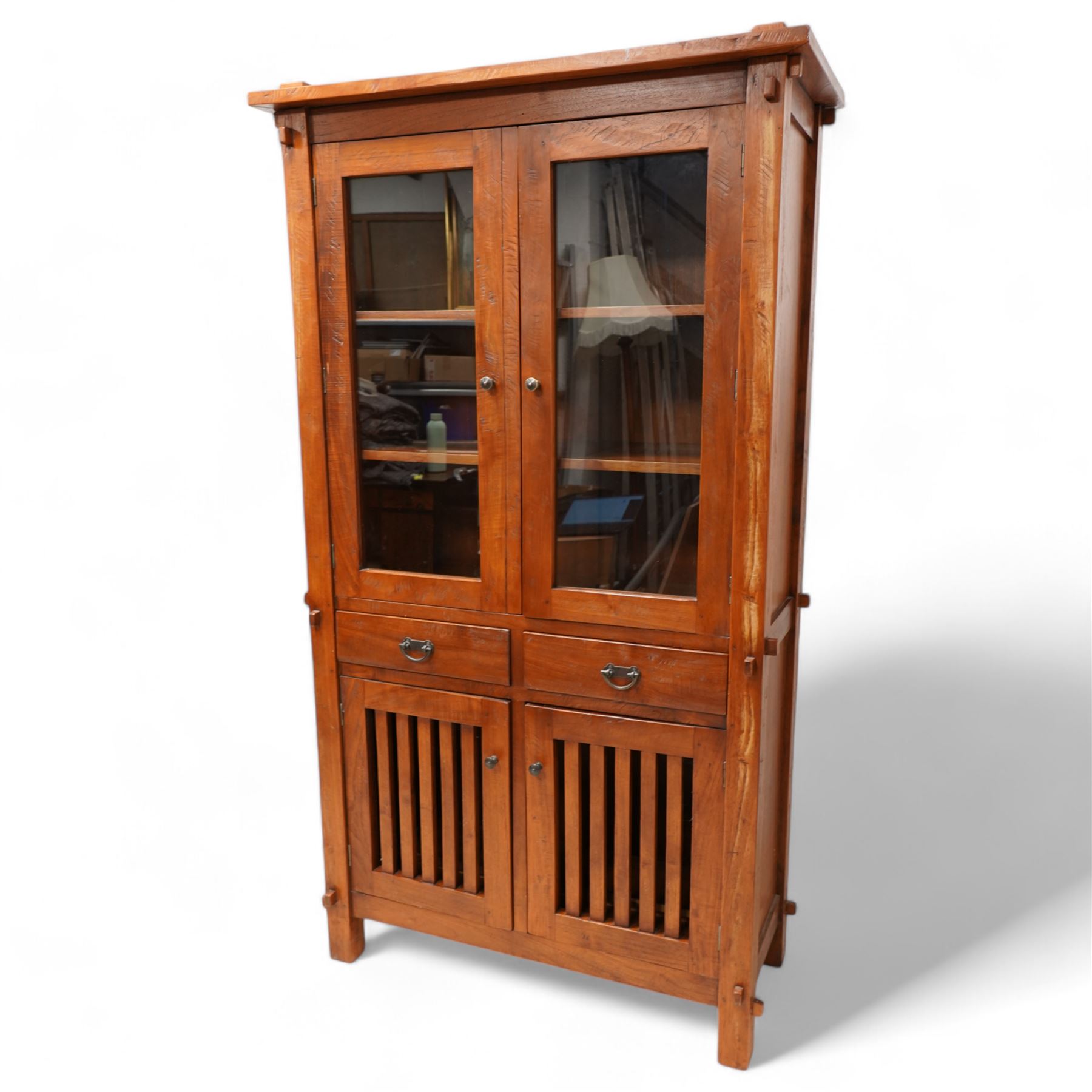 Reclaimed hardwood bookcase display cabinet, fitted with two glazed doors above two drawers, two slatted cupboards to base