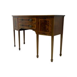 Georgian design mahogany and satinwood banded bow-front sideboard, fitted with two drawers and flanking cupboards, on square tapering supports with spade feet 