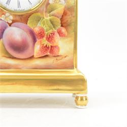 Late 20th century limited edition Royal Worcester mantle clock, hand painted by Jason Bowman with a still life of fruit upon mossy ground, signed J Bowman, with marks beneath including limited edition no 53/200, H27cm, with makers fitted card box 