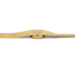 Omega ladies 18ct gold manual wind wristwatch, Cal. 650, champagne dial with baton hour markers, Helvetia hallmark, on integral 18ct gold bracelet, Helvetia hallmark with London import mark 1971