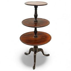 Late 19th century mahogany dumb waiter, with three graduated circular tiers raised on turn...