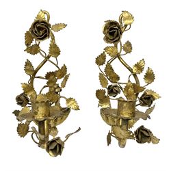 Pair of gilt metal wall sconces, single branch with floral and foliate decoration, H28cm 