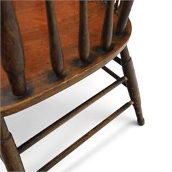 Set of three 19th century ash and elm spindle back Windsor armchairs, arched top rails above fan-shaped spindle backs, curved arms with turned supports, shaped saddle seats, on turned legs joined by H-stretchers