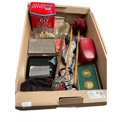 Grundig Satellit 500 radio, table linen, Cambridge University car badge, hip flask, various flatware etc in two boxes