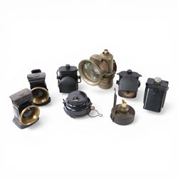 Bicycle lamps and similar, including three WWII black out lanterns, two by Joseph Lucas Lt...
