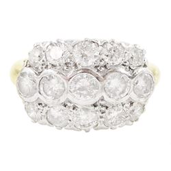 18ct gold three row, round brilliant cut diamond ring, hallmarked, total diamond weight 2.50 carat