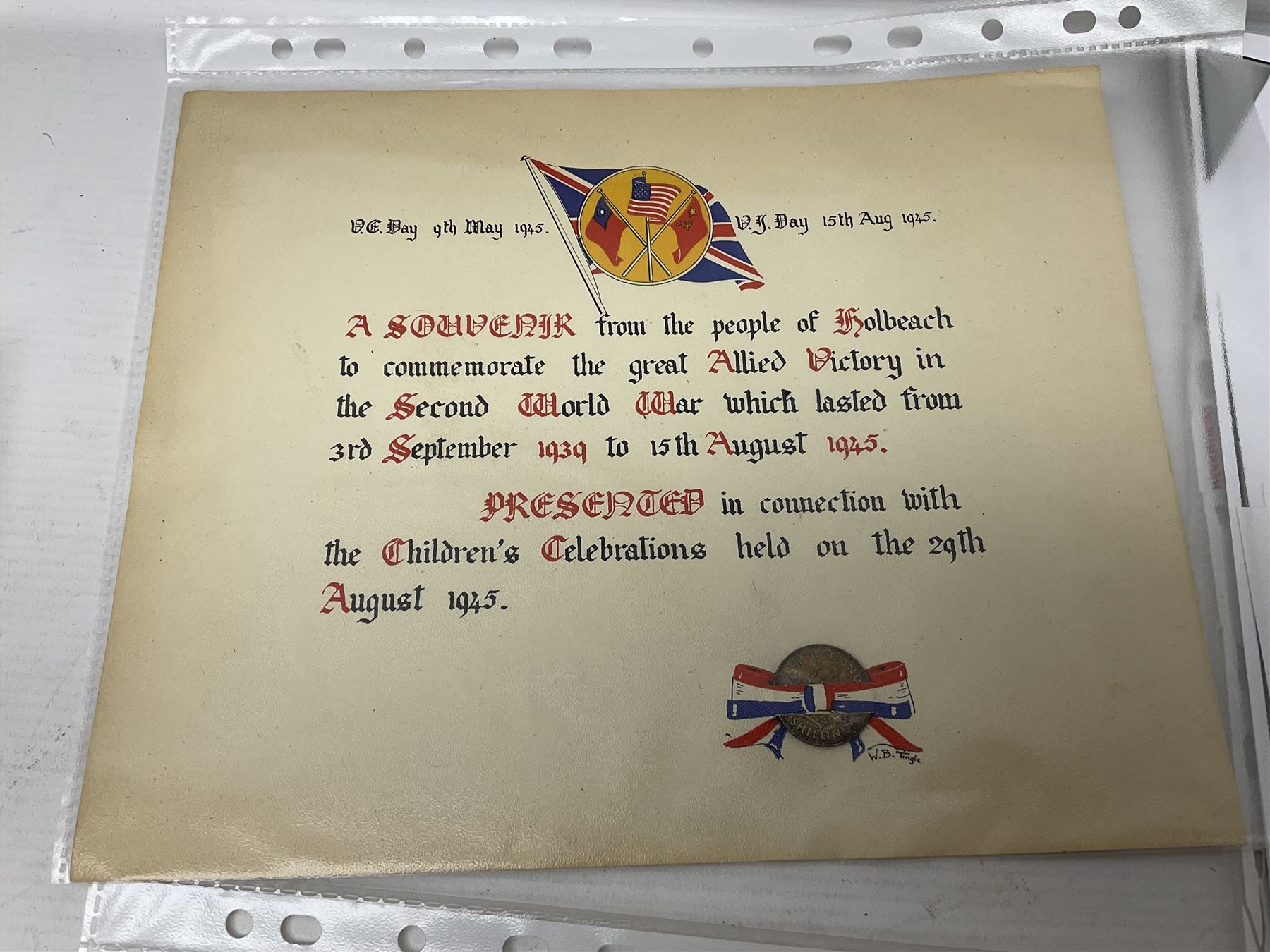 WWI group of three medals with bronze memorial plaque comprising 1914-15 Star, British War Medal and Victory Medal awarded to 16554 Pte. T. Andrew Linc. R. who died on 26th July 1916 whilst travelling to Vimy Ridge, polished and mounted for display in a frame; together with small archive of research material and two WWII V.E. Day Presentation Certificates from the people of Holbeach in Lincolnshire