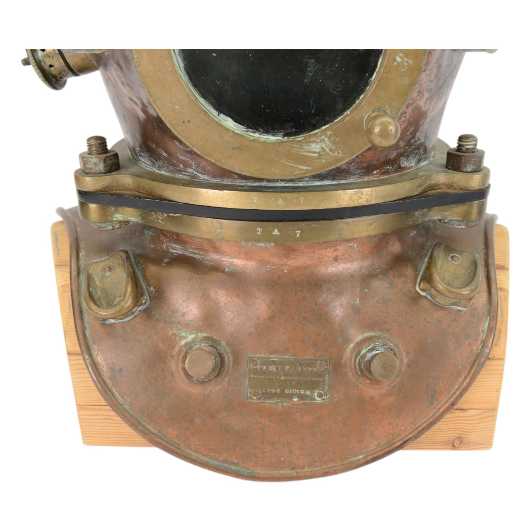 19th century Franz Clouth three bolt copper and brass diving helmet, inscribed 'Franz Clouth Kncinische Gummiwaarenfabrik m b H COLN NIPPES', matching numbers T A 7 on top and corselet rims, with handmade wooden stand, together with a reference book 'Diving Helmets' by Anthony Pardoe, which features the helmet on pages 146 and 147, helmet W42cm, H40cm, H50cm
