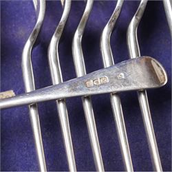 Canteen of Edwardian silver Old English pattern cutlery for twelve covers comprising twelve table forks, twelve dessert forks, twelve soup spoons, twelve dessert spoons, eleven tea spoons, pair of sauce ladles, four table spoons and a basting spoon in oak case London 1907 Maker Charles Boyton & Son