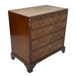 George III mahogany chest, banded caddy top with moulded edge, brushing slide over four graduating cock-beaded drawers, ornate cast gilt metal handle plates and escutcheons, swan neck handles cast with dolphins, shells and C-scrolls, lower moulding over bracket feet