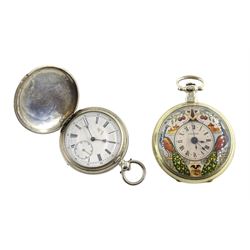 White metal cylinder pendulum pocket watch made for the Chinese market, plastic skeleton dust cover, the paper dial decorated with peacocks and marked 'Exclusif' and a white metal pocket watch Silver key wound lever full hunter pocket watch for the Chinese market, stamped (2)
