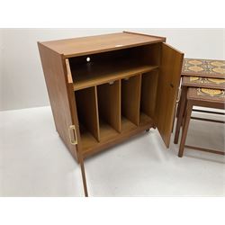 Retro teak record cabinet,  coffee table and nest of tiled top occasional tables