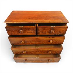 Mid-Victorian figured mahogany chest of drawers, circa 1860, rectangular moulded top over two short and three long drawers with figured veneers, on turned supports