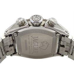 Jaguar gentleman's stainless steel chronograph quartz limited edition wristwatch, Ref. J654, silvered dial with triple register recording hours, minutes and continuous seconds and date aperture, on original stainless steel strap, with fold-over clasp