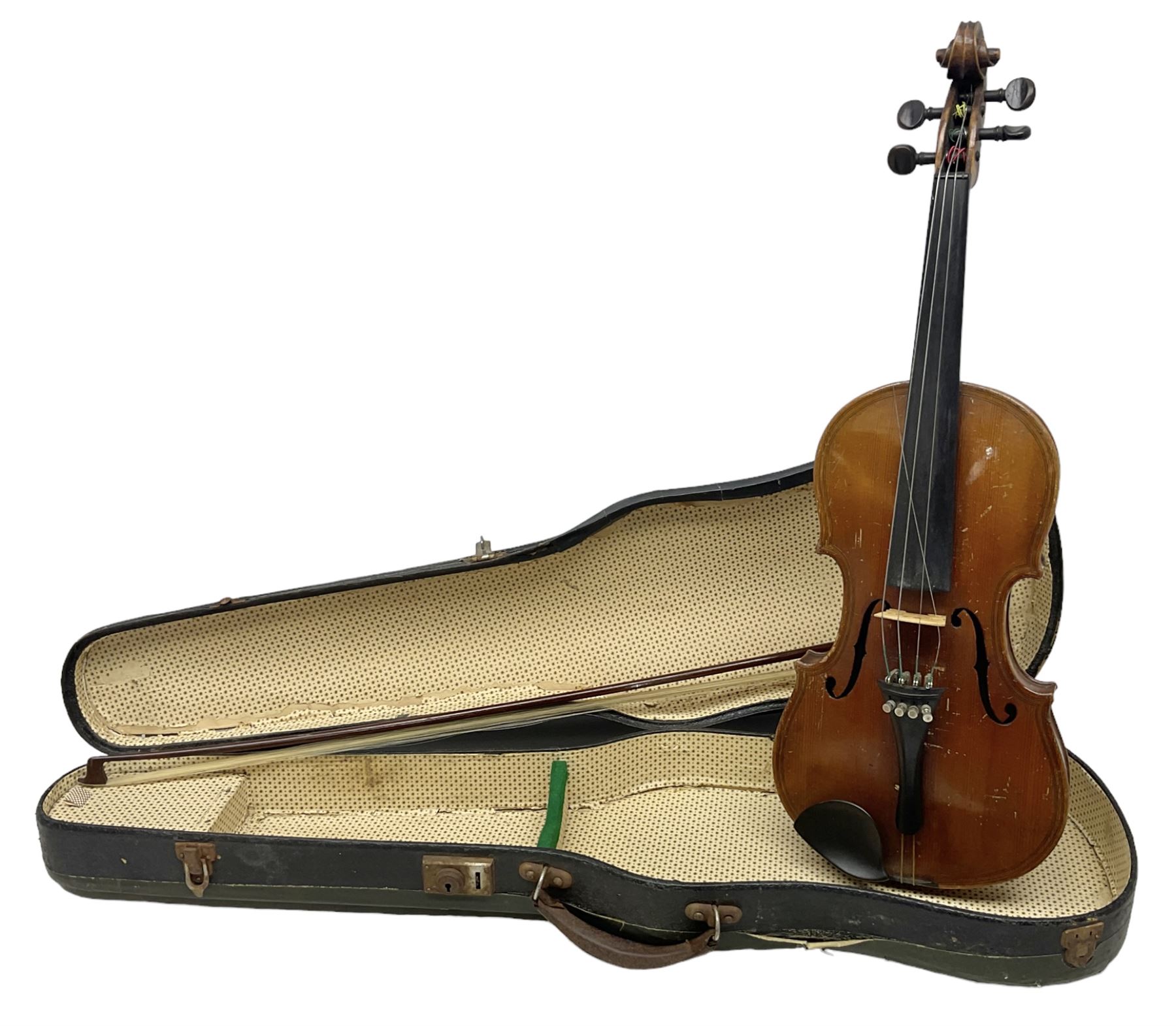 German copy of a Maggini violin c1900 with 35.5cm two-piece maple back and ribs and spruce top, bears label 'Maggini Deutsche Arbeit 1866' L59cm; in carrying case with bow