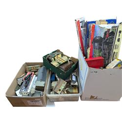 Collection of model railway buildings and other accessories, together with a box empty Hornby boxes, including three trainset boxes with pieces of track inside only