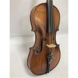 19th century full sized violin in a later hard case, decorative mother of pearl inlay to the tail piece Overall length 60cm No bow