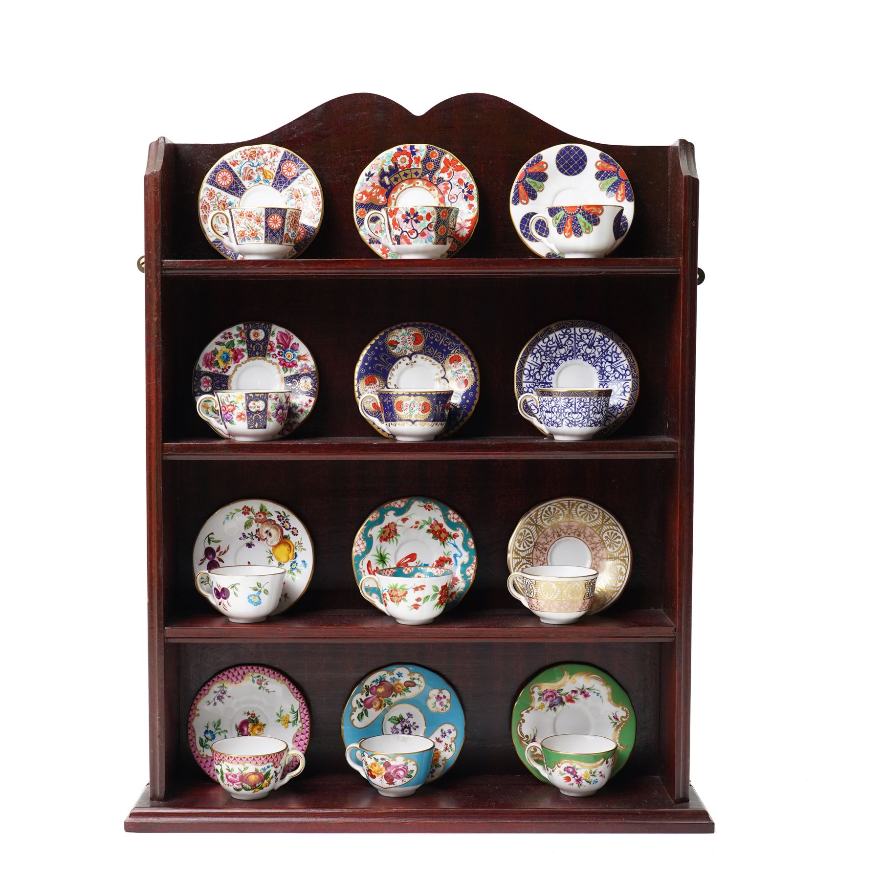 Royal Worcester miniature cups & saucers collection, 1993,  various patterns on display shelf, with certificates, shelf H49cm