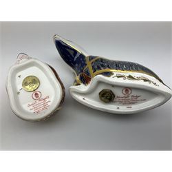 Two Royal Crown Derby paperweights, Moonlight Badger, with gold stopper and Orchard Hedgehog, with gold stopper, both with printed mark beneath   
