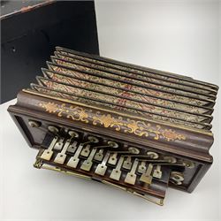 19th century Busson Paris rosewood and marquetry cased flutina accordion with eighteen mother-of-pearl keys L30cm, in original ebonised pine box