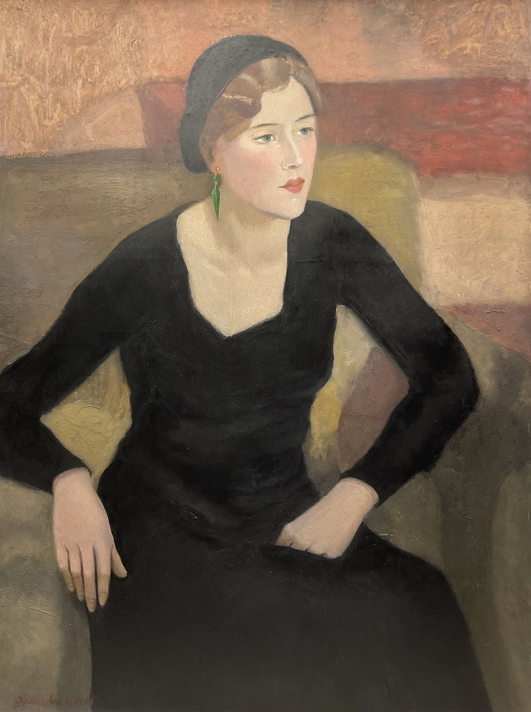 Irene Wyatt (British 1903-1987): Lady with a Green Earring, believed to be Merula Salaman, oil on canvas signed 102cm x 76cm 
Notes: this is possibly Wyatt's painting shown at the New English Art Club in in 1932 no.101; Salaman was the first wife of Sir Alec Guinness.