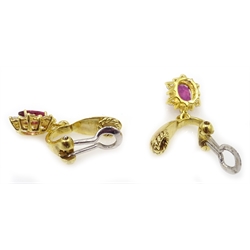  14ct gold ruby and diamond necklace, stamped 585 14K and pair of matching 14ct gold (tested) clip on pendant cluster earrings  