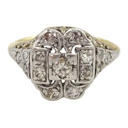 Gold and platinum milgrain set diamond cluster ring, with filigree gallery, stamped 18ct Plat