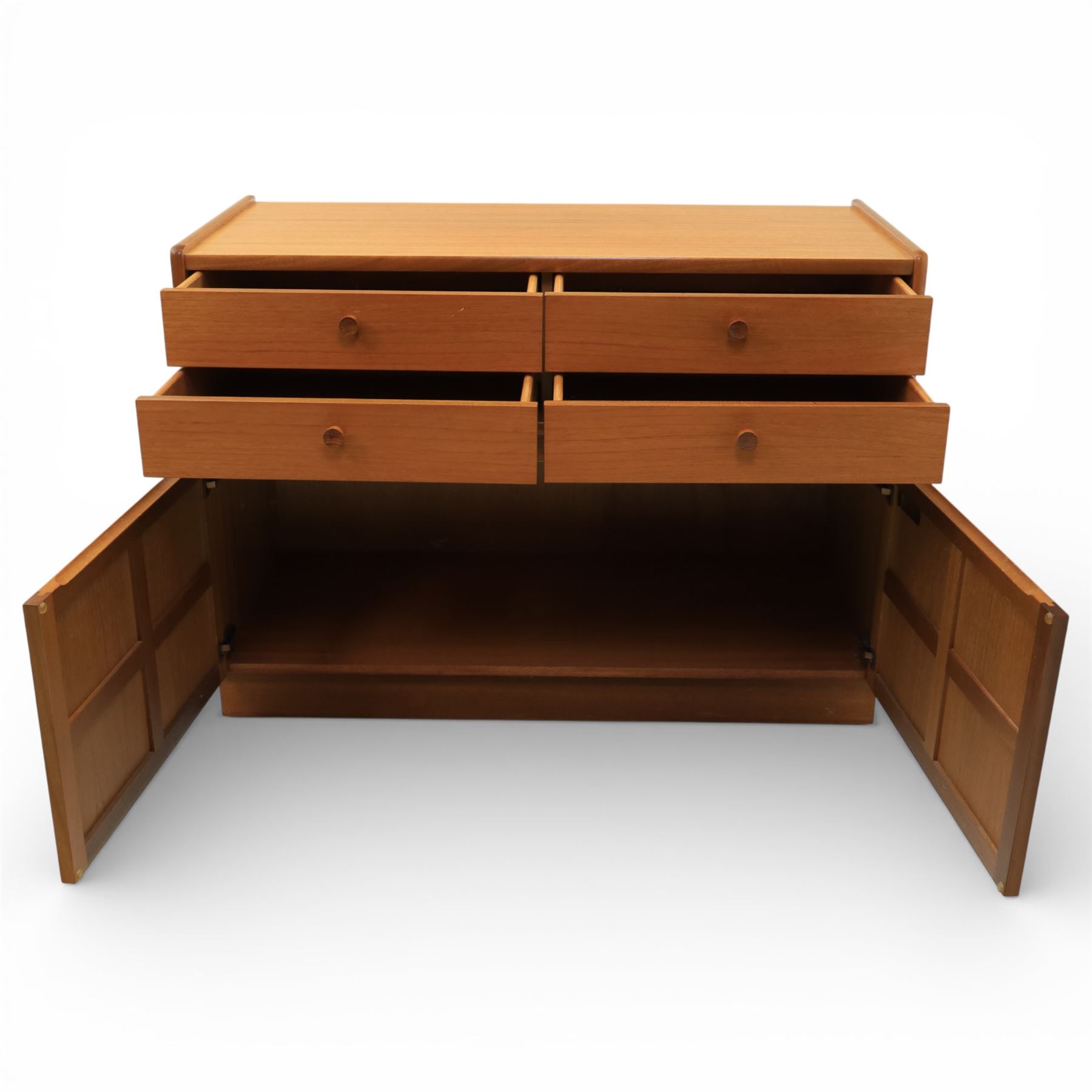 Nathan - 'Squares' pair of sideboards, rectangular top over four short drawers, above signature square panelled cabinet doors on a recessed plinth base