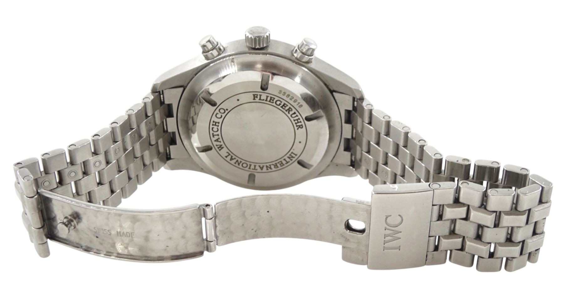 IWC (International Watch Company) Schaffhausen Pilot gentleman's stainless steel automatic chronograph wristwatch, Ref. 371704, serial No. 3362918, black dial with day / date aperture, boxed with additional links and guarantee card dated 2008