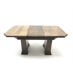 'The Celerity Patent' - Early 20th century oak extending dining table, canted rectangular moulded top with foldout leaf, on two rectangular box supports, 91cm x 122cm - 167cm, H74cm