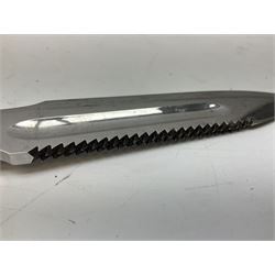 German ERN Wald-Solingen Art Deco style hunting knife with 13cm Bowie type blade and chrome fittings with antler grip; in leather sheath L24.5cm overall; and Bianchi Rastignano Aeronautica Militare combat knife with 15.5cm Bowie type saw-back blade and stacked leather grip (2)