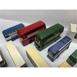 Thirty-one modern die-cast models of buses, coaches and trams by Corgi, EFE, Solido etc; predominantly unboxed but one in box