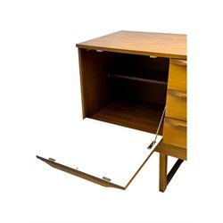 Mid-20th century teak sideboard, fitted with a fall-front cupboard, three drawers including a green baize-lined cutlery drawer, and a double cupboard, with integrated handles, on sleigh supports