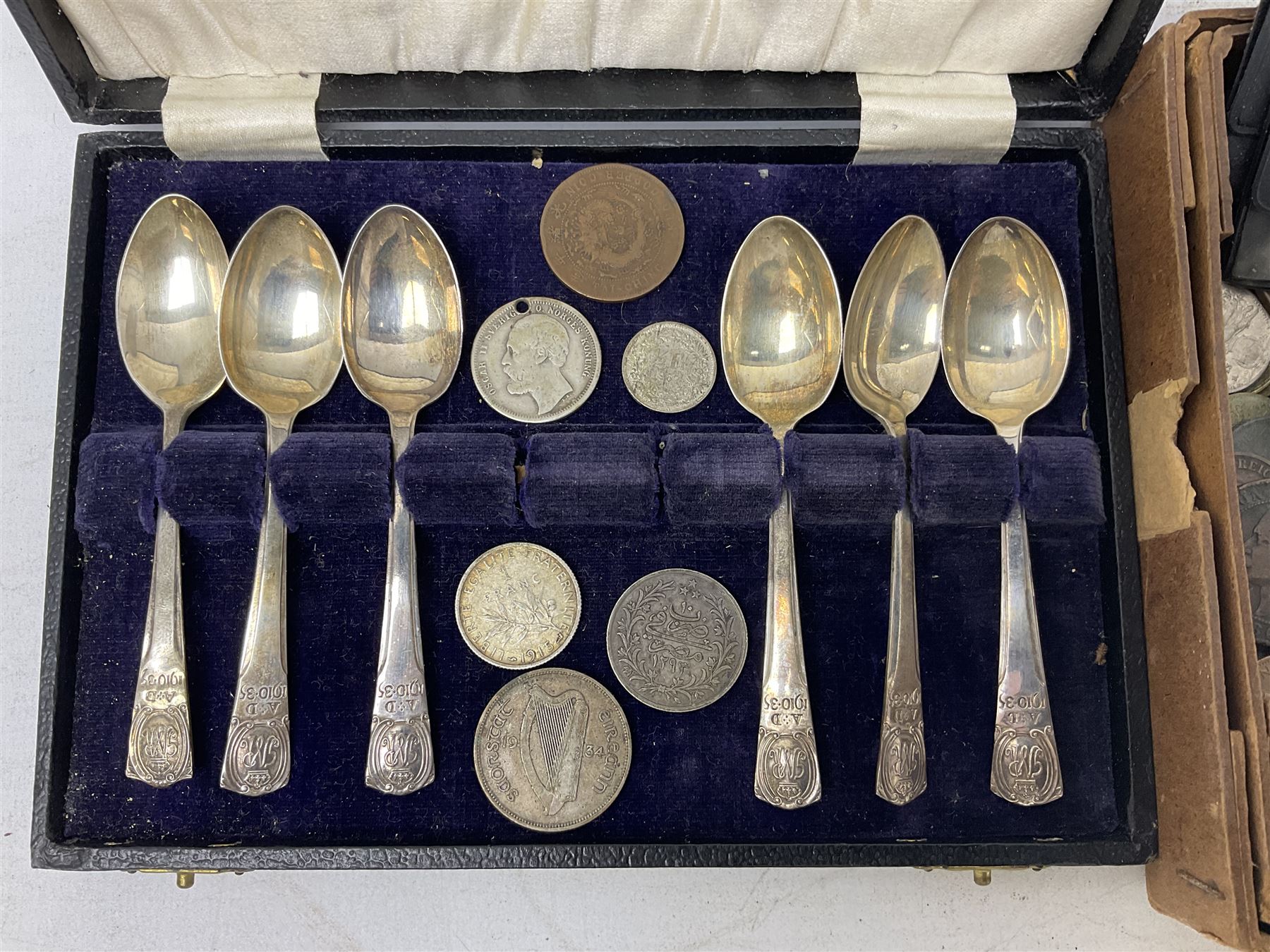 Five silver Coronation spoons by R Bond & Co, hallmarked Sheffield 1934 and 1935, together with another further stamped Nc Co, and 1934 Irish silver Florin, Switzerland 1967 1/2 Franc, Sweden 1875 Krona, 1 Franc etc