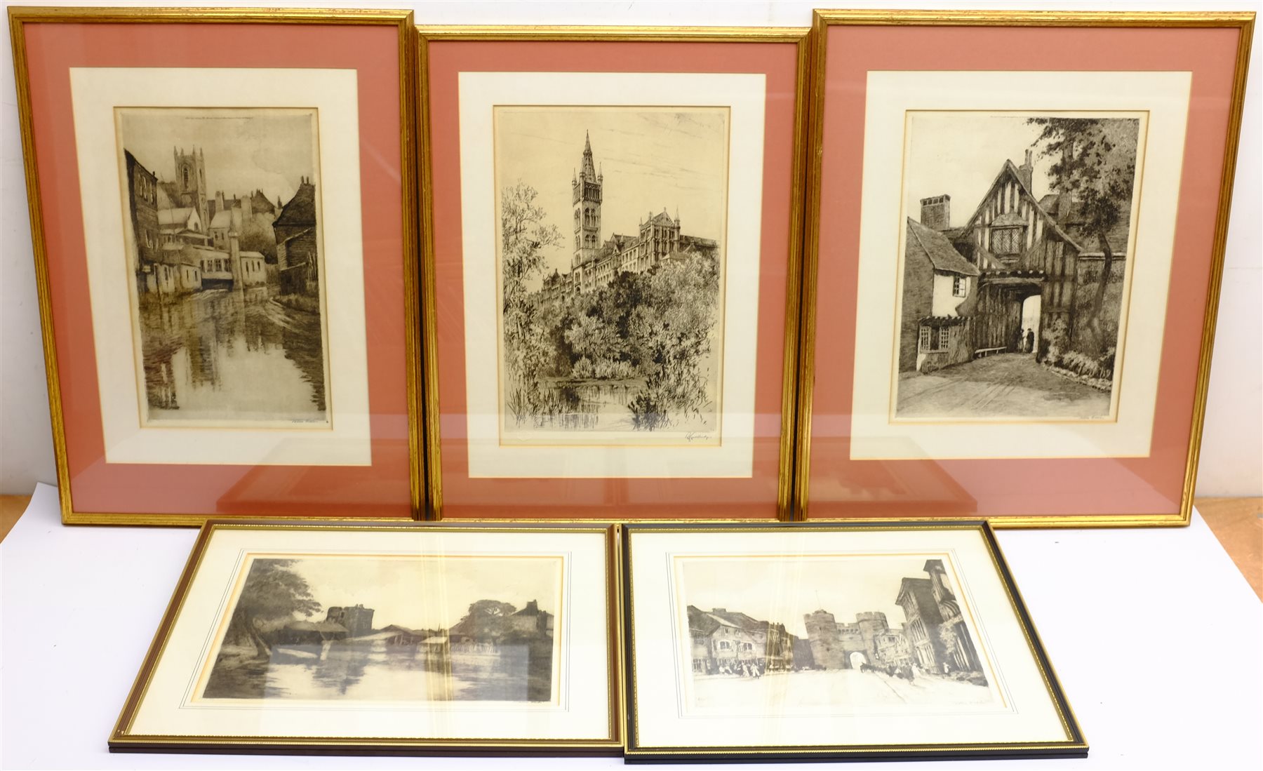 William Tatton Winter RBA (British 1855-1928): 'Sudbury Watch Tower Canterbury' and three other town views, four etchings signed in pencil two with blind stamps approx 28cm x 31cm & 38cm x 23cm and another etching of Glasgow University and Tower, signed in pencil (5)