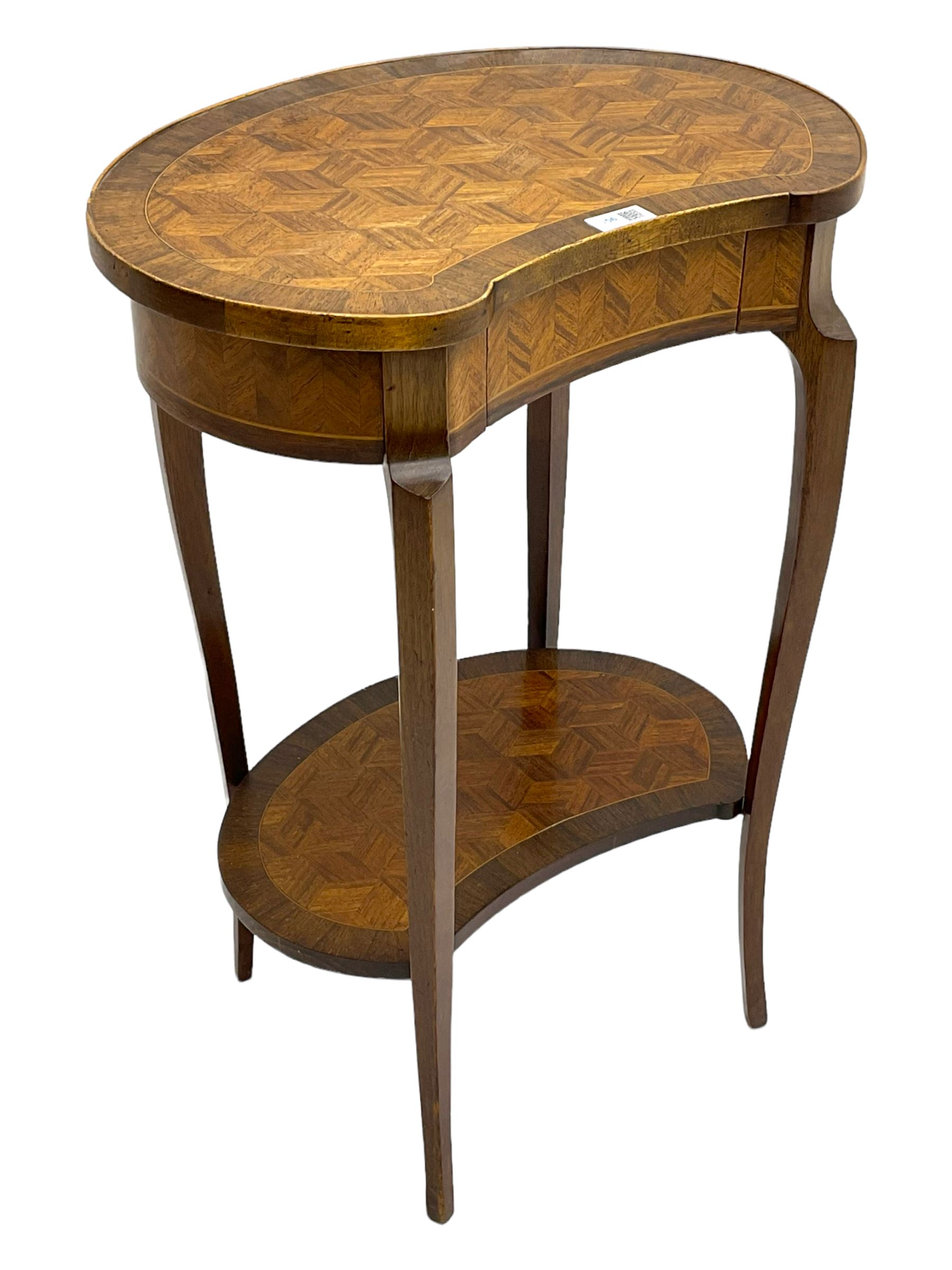 French style walnut parquetry kidney shaped table, fitted with frieze drawer, on cabriole supports united by undertier