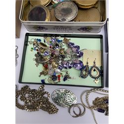 Costume Jewellery including earrings, necklaces, pendants, brooch etc, various ladies compacts, small jewellery box with glass sides etc, in one box