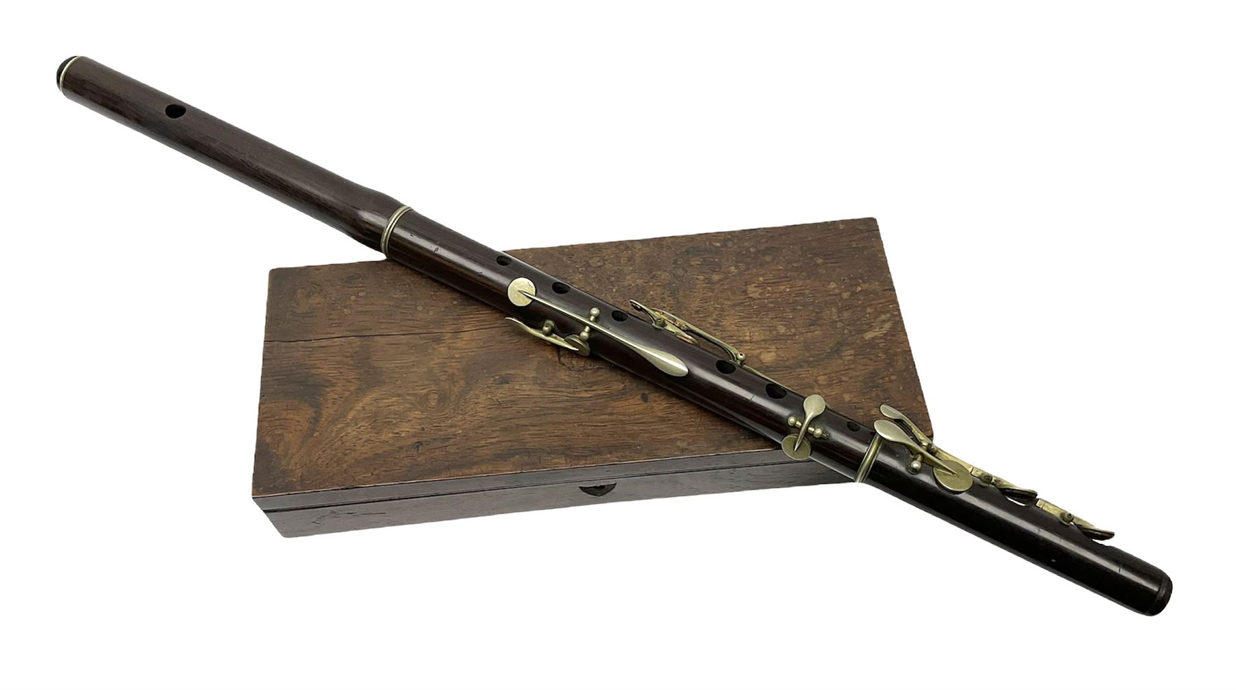 Victorian rosewood and nickel three-section flute by A. Buffet Paris, impressed 'S.R. Chappell 52 New Bond Street London 1851' L62cm; in fitted rosewood box