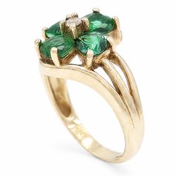 9ct gold green and white paste stone, four leaf clover cluster ring, hallmarked