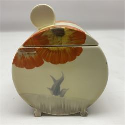 Clarice Cliff Bizarre for Wilkinson Ltd, Bon Jour shape preserve pot with cover, in Rhodanthe pattern, with printed mark beneath, H10.4cm